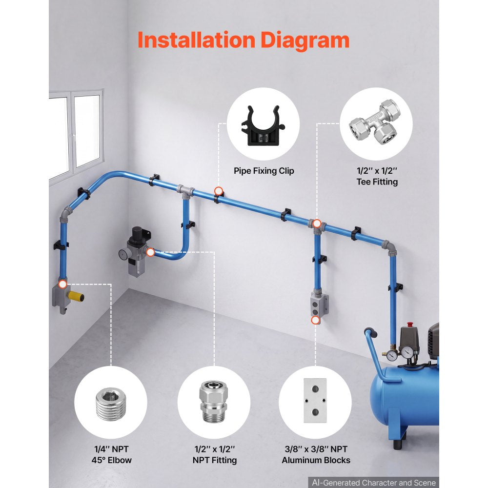VEVOR Air Compressor Line Kit, 260FT x 1/2", HDPE-Aluminum Compressed Air Piping System, High Pressure Resistant, Leak-Proof & Easy-to-Install, Compressed Air Tubing Kit for Garages Workshops
