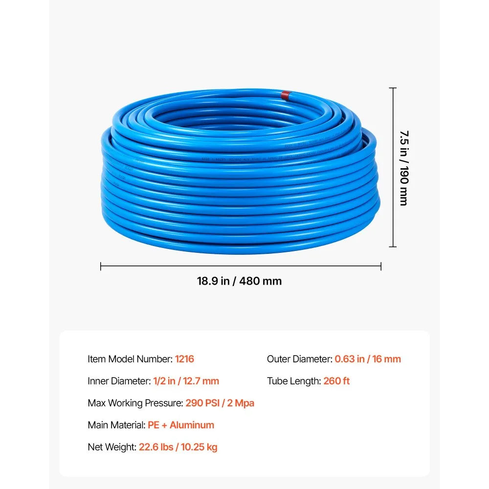 VEVOR Air Compressor Line Kit, 260FT x 1/2", HDPE-Aluminum Compressed Air Piping System, High Pressure Resistant, Leak-Proof & Easy-to-Install, Compressed Air Tubing Kit for Garages Workshops