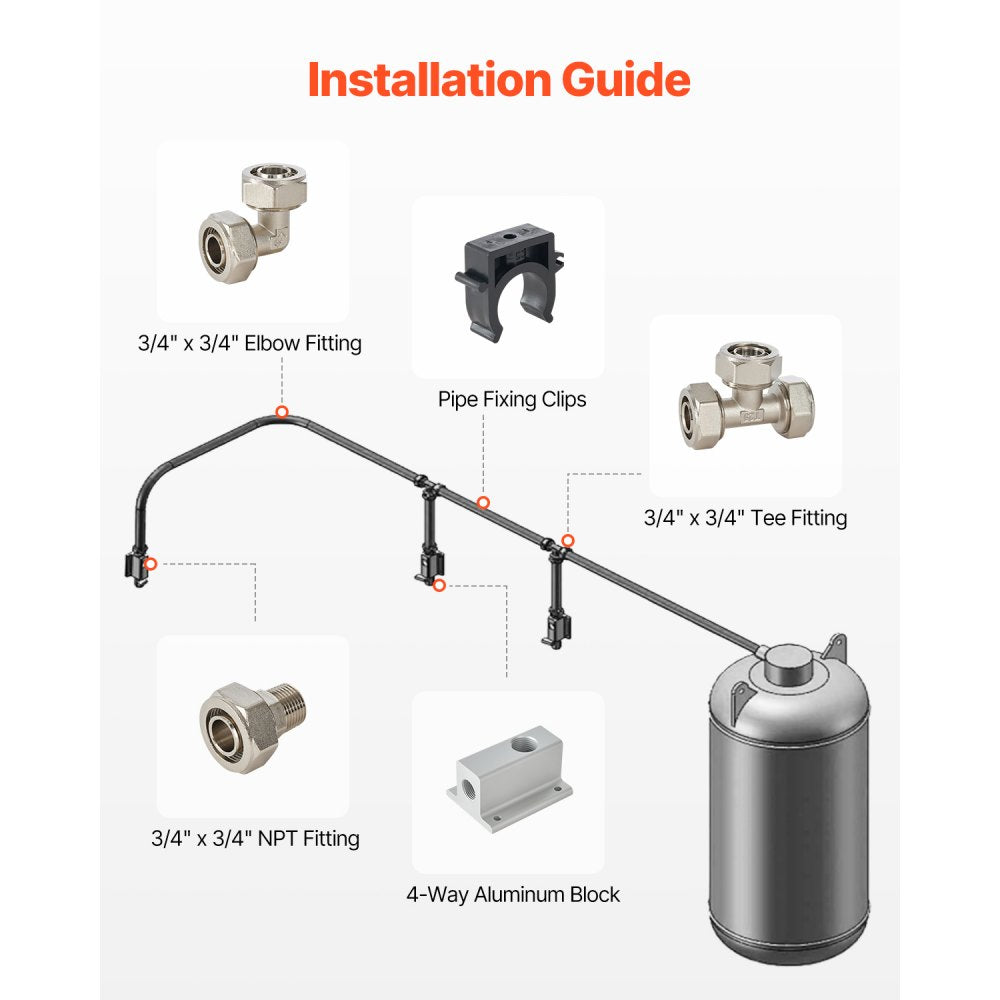 VEVOR Air Compressor Line Kit, 100FT x 3/4", HDPE-Aluminum Compressed Air Piping System, Leak-Proof, Pressure-Resistant & Easy-to-Install, Compressed Air Line Tubing Kit for Garages Workshops, Black