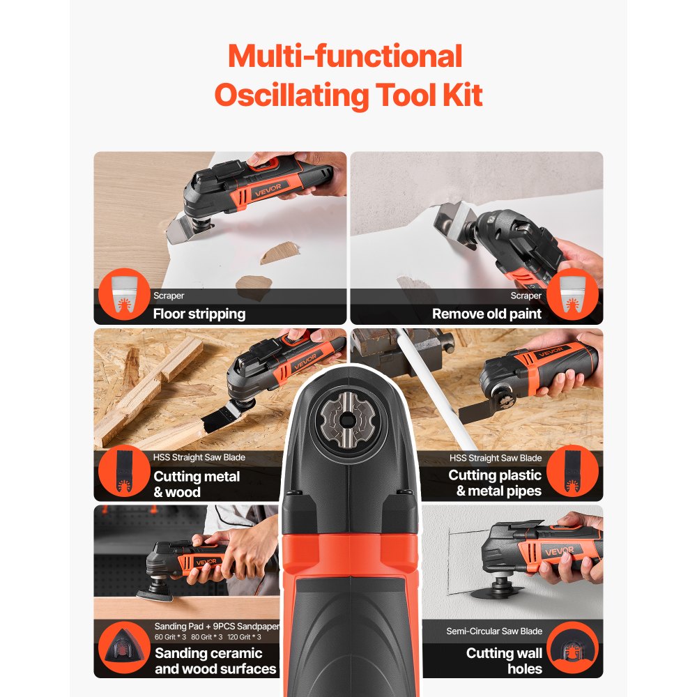 VEVOR Multitool Oscillating Tool, 3Amps Corded Oscillating Multi Tool with 6 Variable Speeds 15000 - 22000 OPM, 3.2° Oscillating Angle, 13PCS Saw Accessories, LED Work Light & Tool Bag