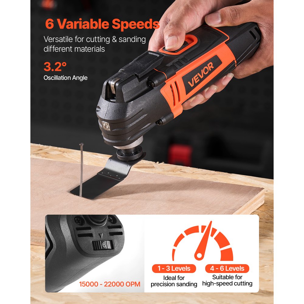 VEVOR Multitool Oscillating Tool, 3Amps Corded Oscillating Multi Tool with 6 Variable Speeds 15000 - 22000 OPM, 3.2° Oscillating Angle, 13PCS Saw Accessories, LED Work Light & Tool Bag
