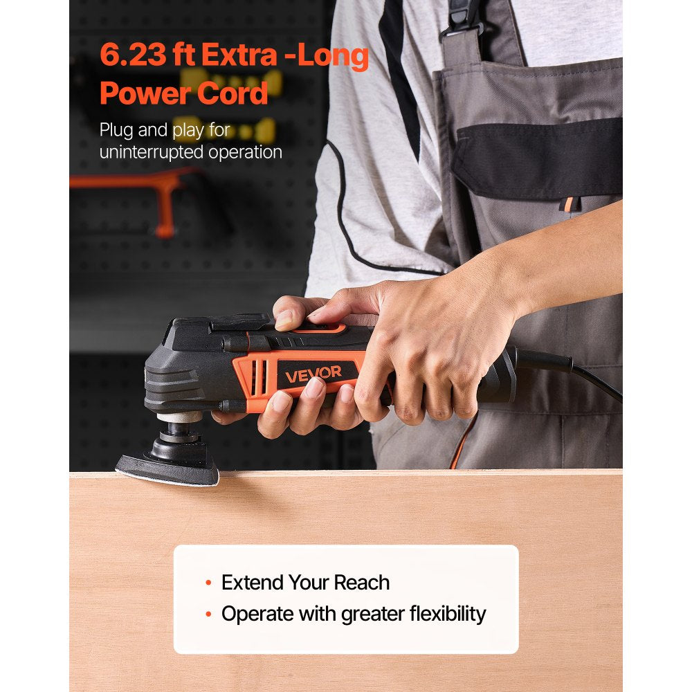 VEVOR Multitool Oscillating Tool, 3Amps Corded Oscillating Multi Tool with 6 Variable Speeds 15000 - 22000 OPM, 3.2° Oscillating Angle, 13PCS Saw Accessories, LED Work Light & Tool Bag