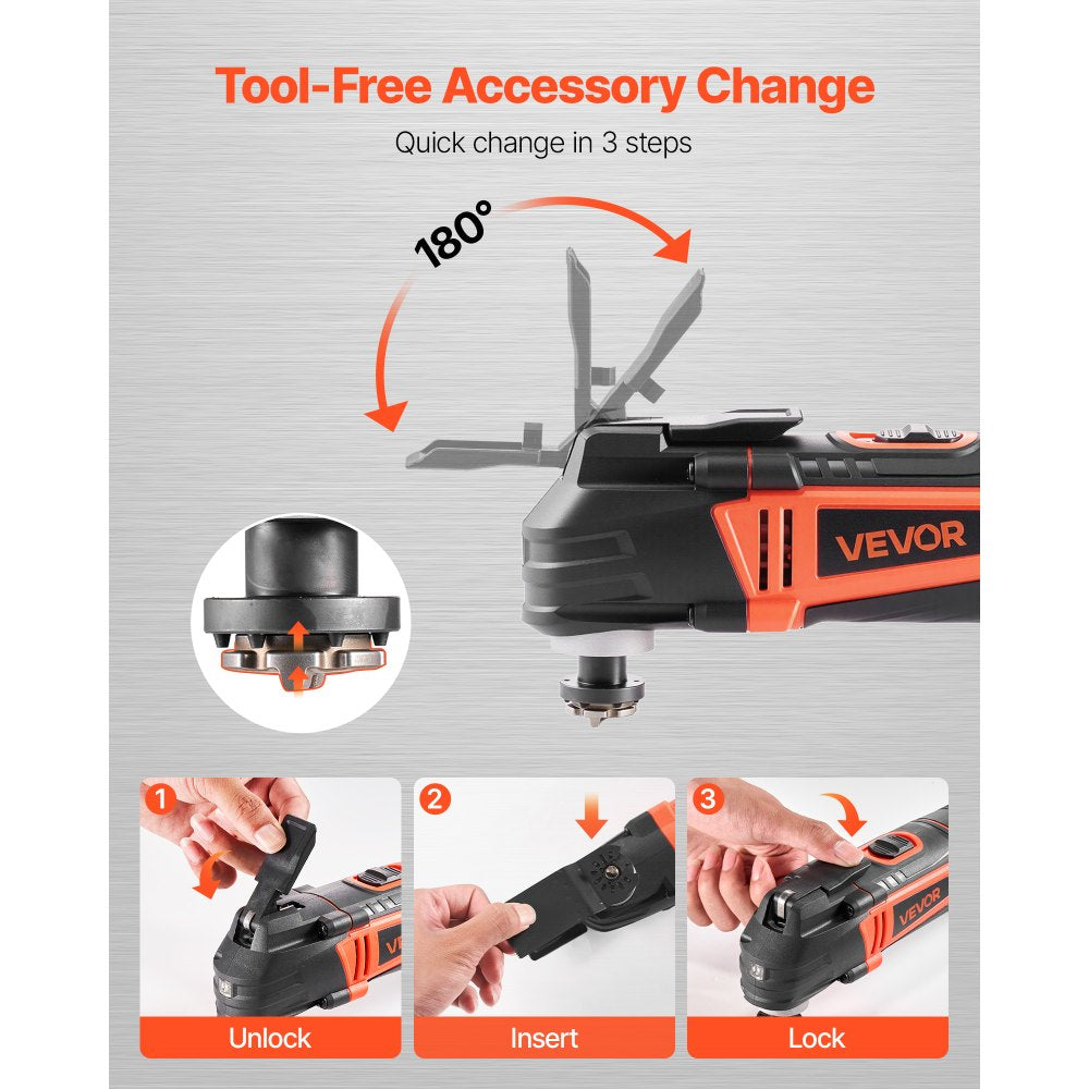 VEVOR Multitool Oscillating Tool, 3Amps Corded Oscillating Multi Tool with 6 Variable Speeds 15000 - 22000 OPM, 3.2° Oscillating Angle, 13PCS Saw Accessories, LED Work Light & Tool Bag