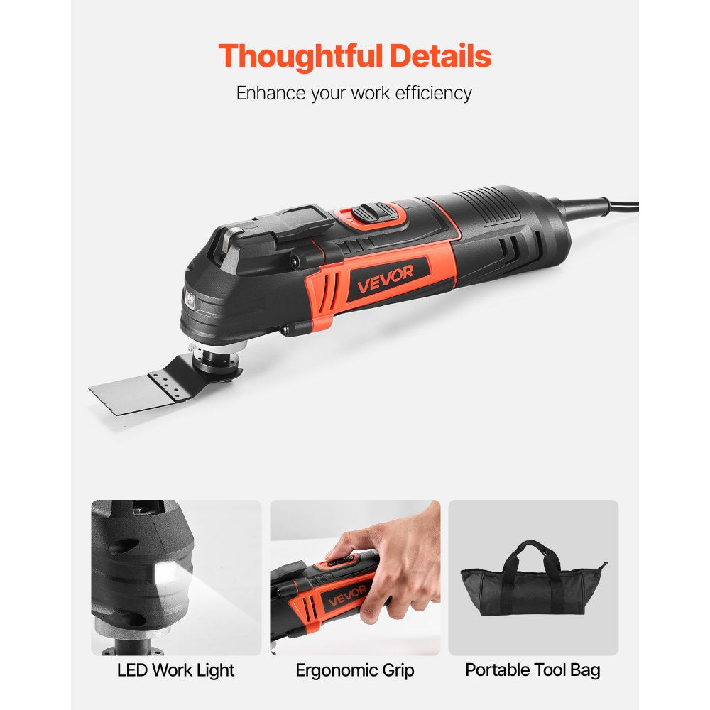 VEVOR Multitool Oscillating Tool, 4Amps Electric Oscillating Multi Tool Corded with 6 Variable Speeds 7000 - 19000 OPM, 3.2° Oscillating Angle, 13PCS Saw Accessories, LED Work Light & Tool Bag