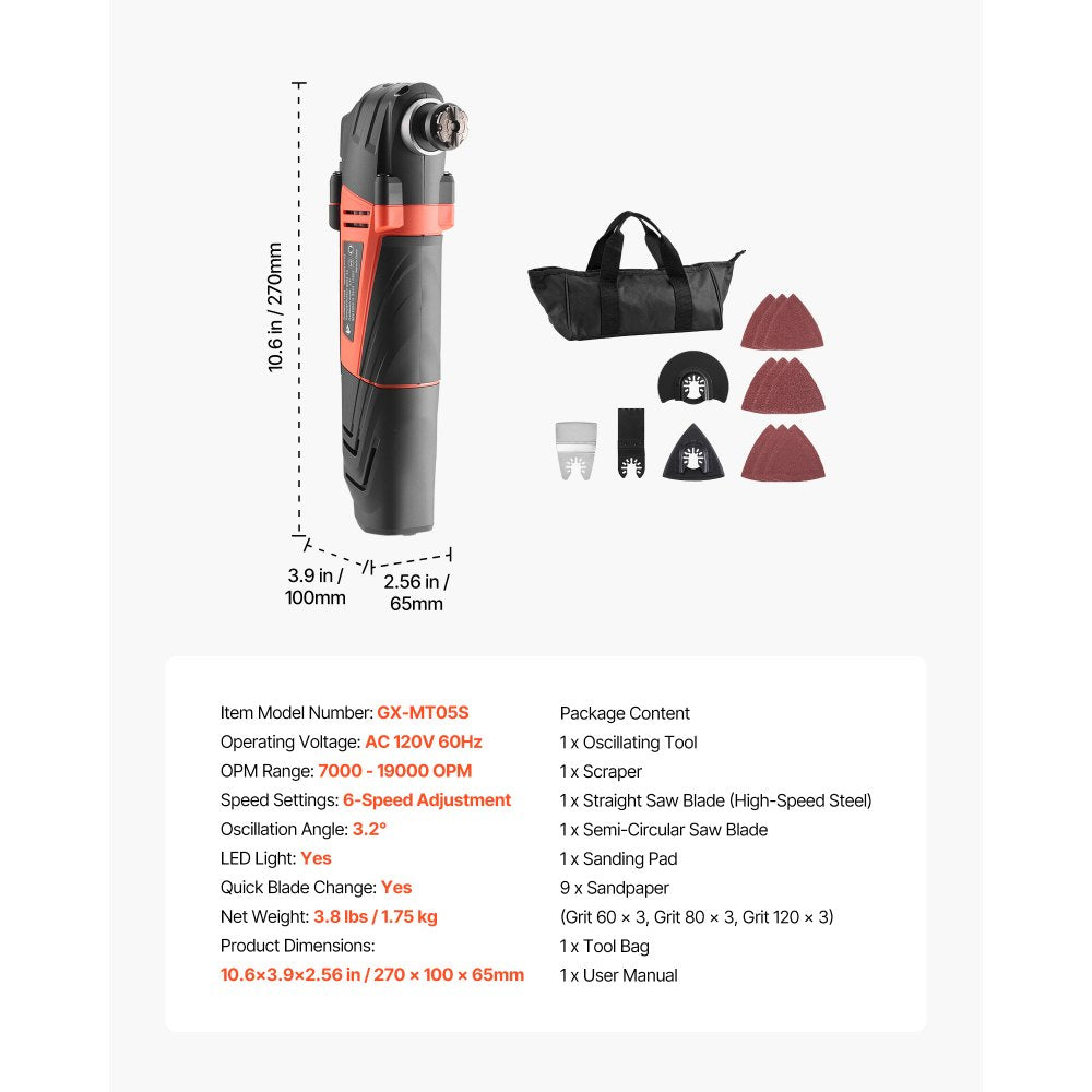VEVOR Multitool Oscillating Tool, 4Amps Electric Oscillating Multi Tool Corded with 6 Variable Speeds 7000 - 19000 OPM, 3.2° Oscillating Angle, 13PCS Saw Accessories, LED Work Light & Tool Bag