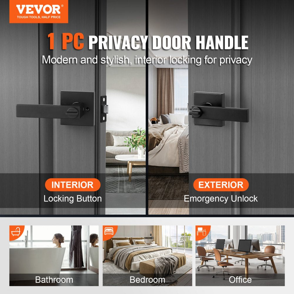 VEVOR Privacy Door Handle, 1 Pack Matte Black Door Lever, Left or Right Handing Reversible Lever with Keyless Lock, 45° Rotation to Open, Universal Square Interior for Bedroom and Bathroom Doors
