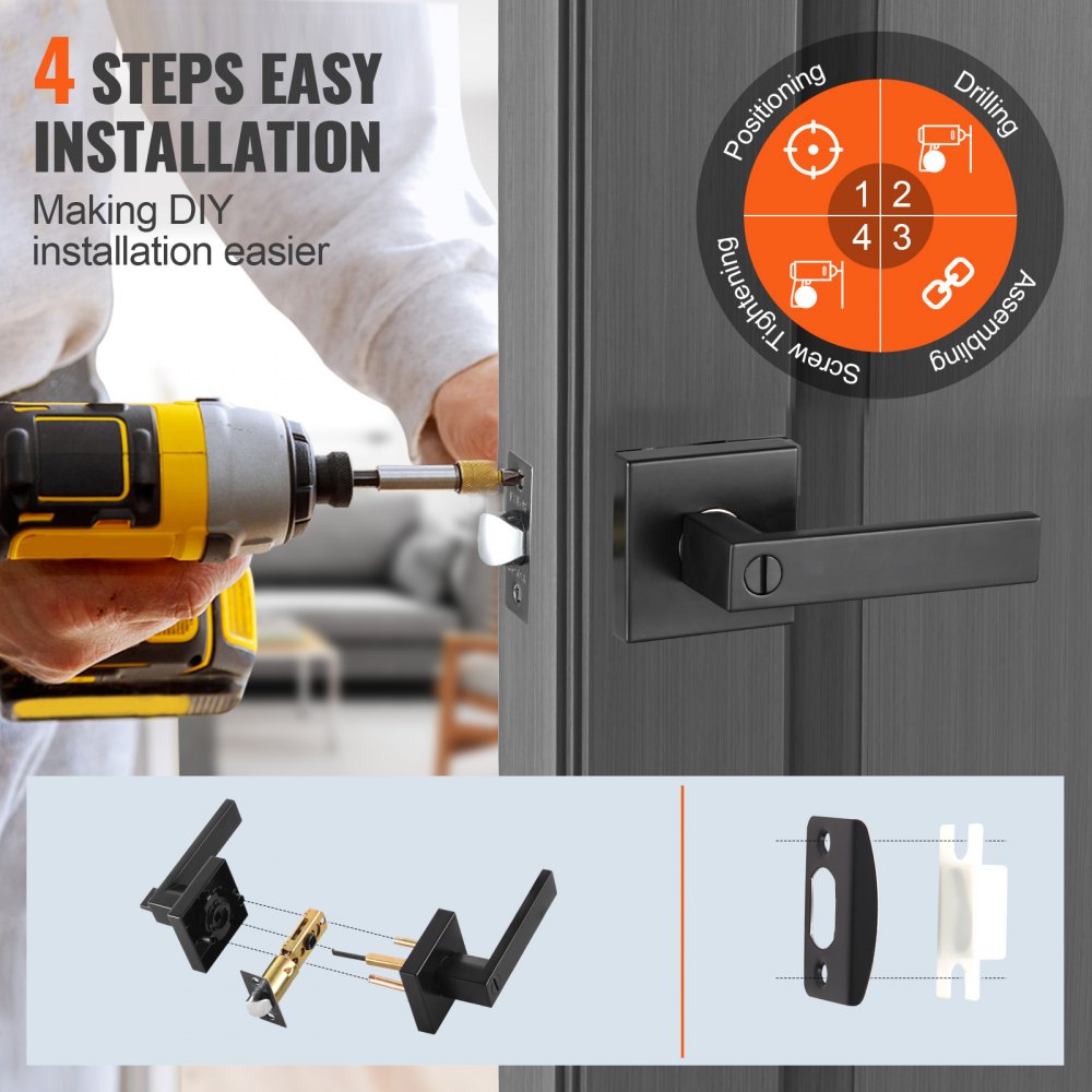 VEVOR Privacy Door Handle, 1 Pack Matte Black Door Lever, Left or Right Handing Reversible Lever with Keyless Lock, 45° Rotation to Open, Universal Square Interior for Bedroom and Bathroom Doors