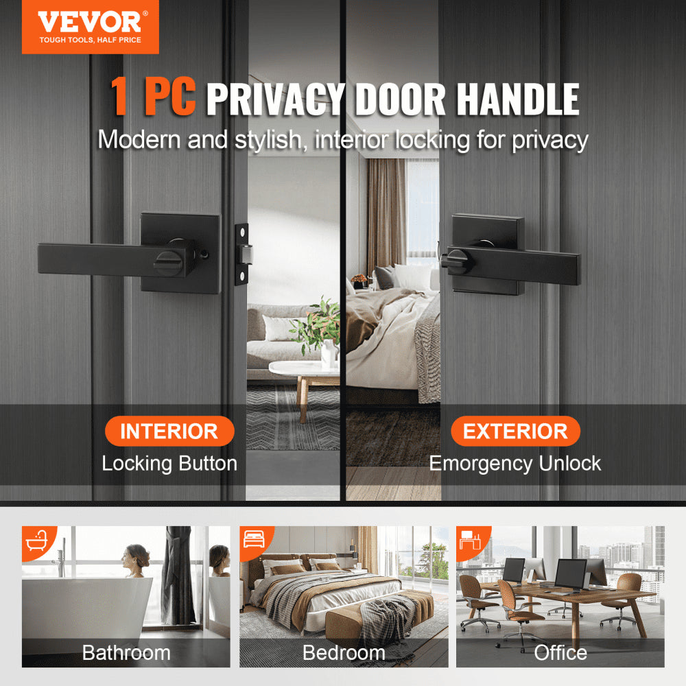 VEVOR Privacy Door Handle, 5-Pack Matte Black Door Lever, Right or Left Handing Reversible Lever with Keyless Lock, 45° Rotation to Open, Universal Square Interior for Bathroom and Bedroom Doors