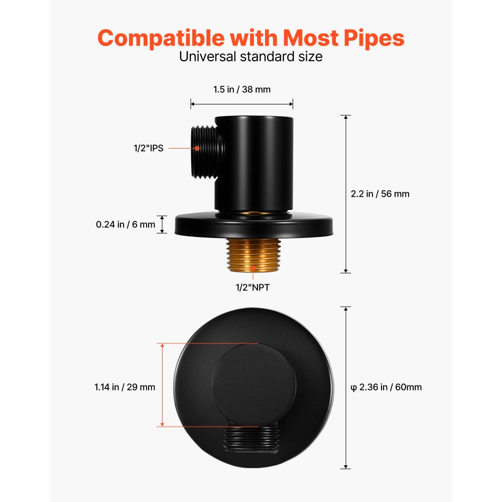 VEVOR Wall Mounted Supply Elbow, Wall Supply Elbow with O-Ring Flange, Tapered 1/2" NPT Female Inlet, Solid Brass Wall Union, Round Walls Union Water Supplying, Matte Black Finish, 1/2" IPS