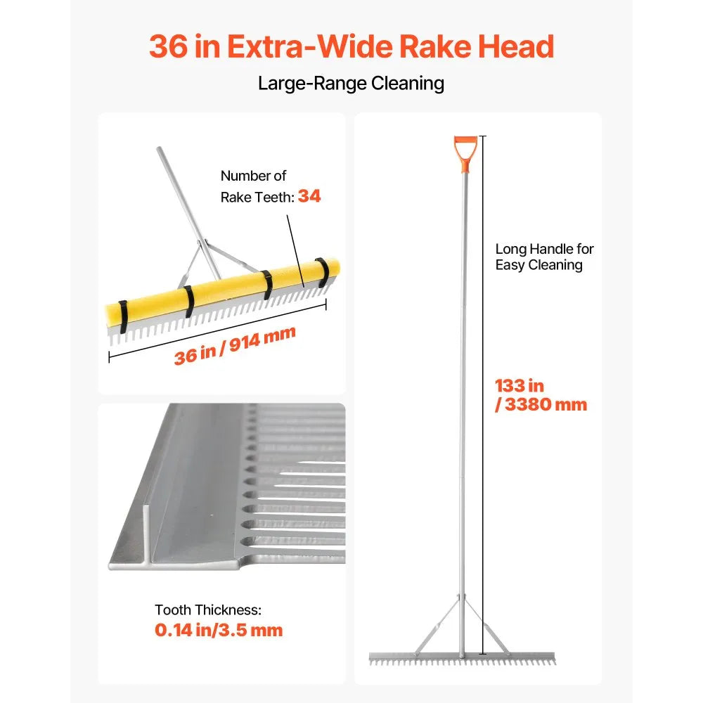 VEVOR Landscape Rake, 36 inch Wide Head 133 inch Handle, Large Heavy Duty Aluminum Landscaping Leaf Rake Tool, Asphalt Level for Loosening Soil, Garden & Yard, Pond Gravel & Beach Lawn Care, 52ft Rope