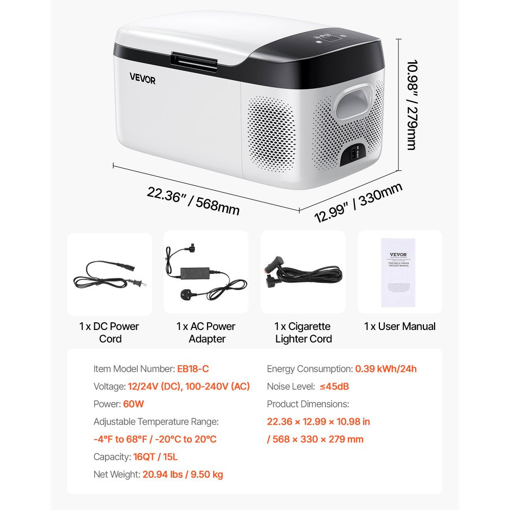 VEVOR Car Refrigerator, DC 12/24V AC100-240V Compressor Electric Cooler, -4°F to 68°F Car Fridge with APP Control, 16 QT Cars Freezer for RVs, Campsites, Boats, Camping, Fishing, 60W Portable Freezer