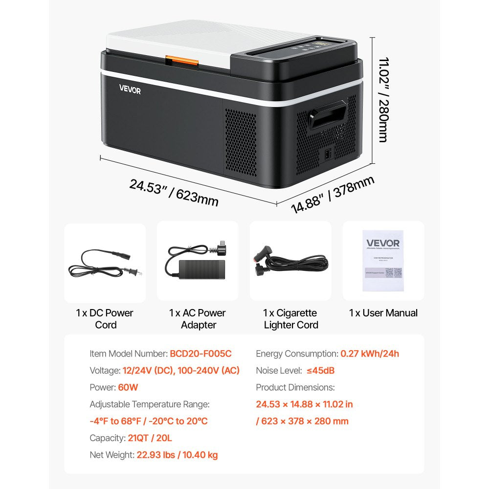 VEVOR Car Refrigerator, DC 12/24V AC100-240V Compressor Electric Cooler, -4°F to 68°F Car Fridge with APP Control, 21 QT Cars Freezer for RVs, Campsites, Boats, Camping, Fishing, 60W Portable Freezer