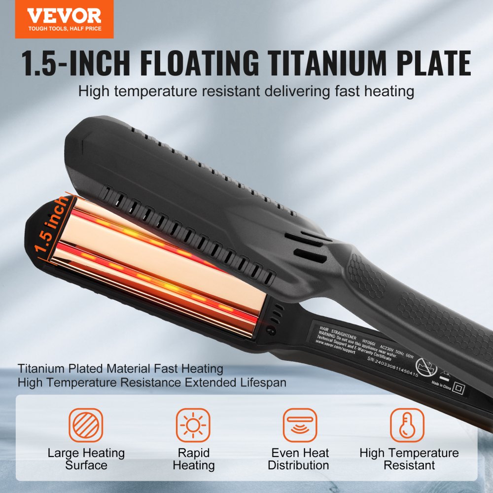 VEVOR Hair Straightener, 1.5-inch Titanium Flat Iron, Dual Infrared Hair Straightener Flat Iron with LCD Display and 19 Temp Levels - 210°F to 450°F, Fast Heating Hair Iron for Salon Home Travel Use