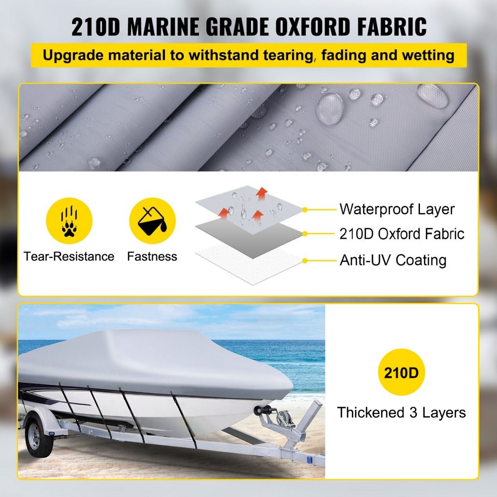 VEVOR Waterproof Boat Cover, 14'-16' Trailerable Boat Cover, Beam Width up to 90" v Hull Cover Heavy Duty 600D Marine Grade Polyester Mooring Cover for Fits V-Hull Boat with 5 Tightening Straps