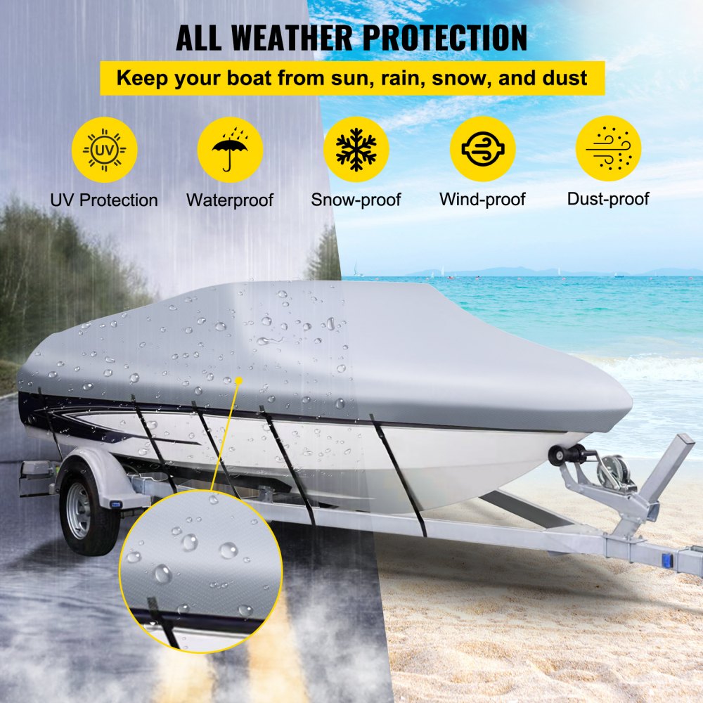 VEVOR Waterproof Boat Cover, 14'-16' Trailerable Boat Cover, Beam Width up to 90" v Hull Cover Heavy Duty 600D Marine Grade Polyester Mooring Cover for Fits V-Hull Boat with 5 Tightening Straps