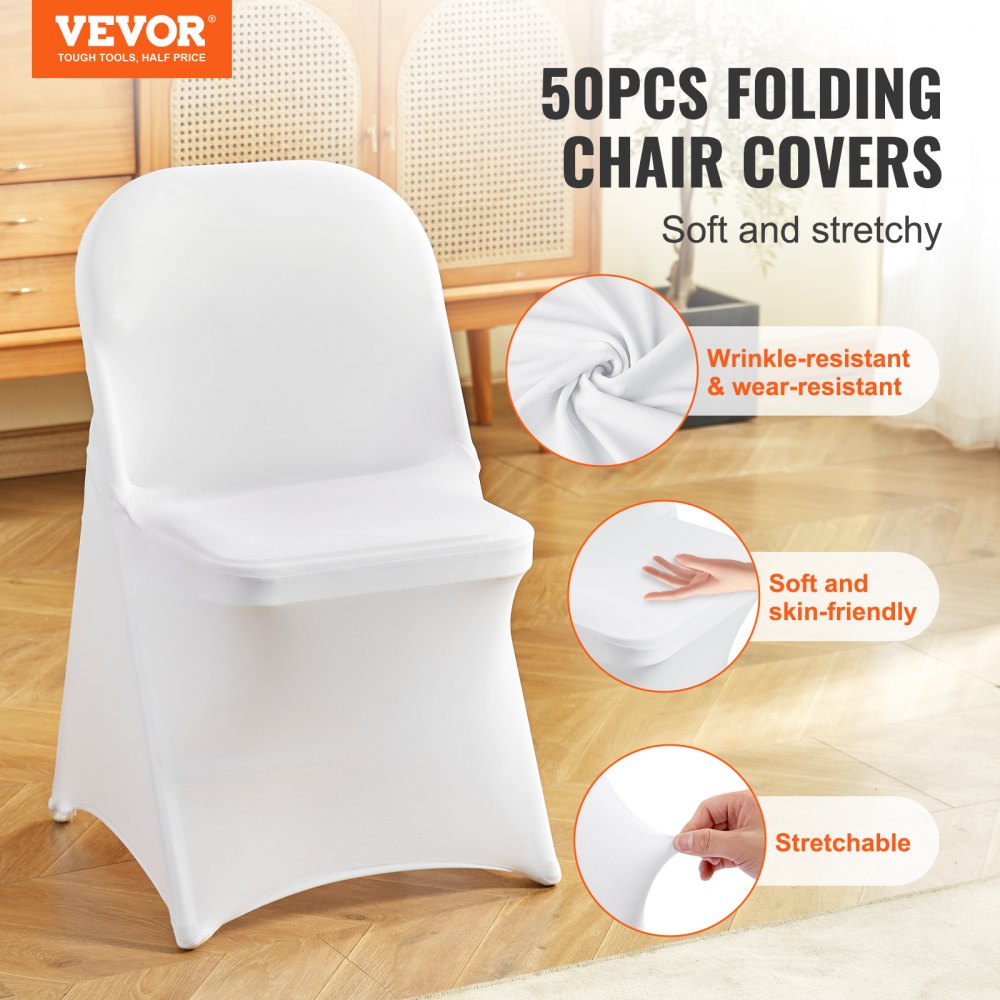 VEVOR Stretch Spandex Folding Chair Covers, Universal Fitted Chair Cover, Removable Washable Protective Slipcovers, for Wedding, Holiday, Banquet, Party, Celebration, Dining (50PCS White)