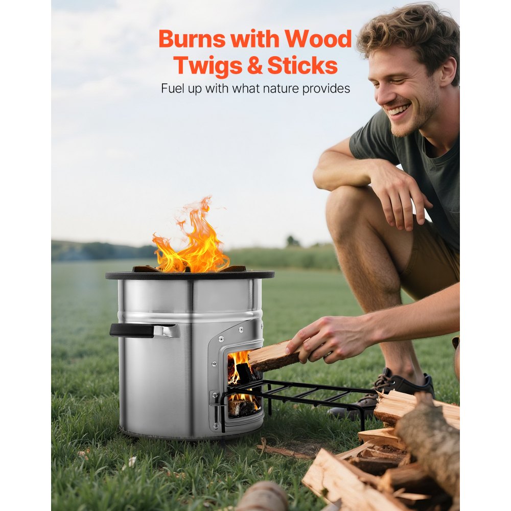 VEVOR Camping Rocket Stove, Wood Burning Portable Rocket Stove with Carrying Bag for Backpacking, Stainless Steel, Single Door, Burn Wood, Twigs or Sticks for Outdoor Cooking, Backyard, Camp Cooking