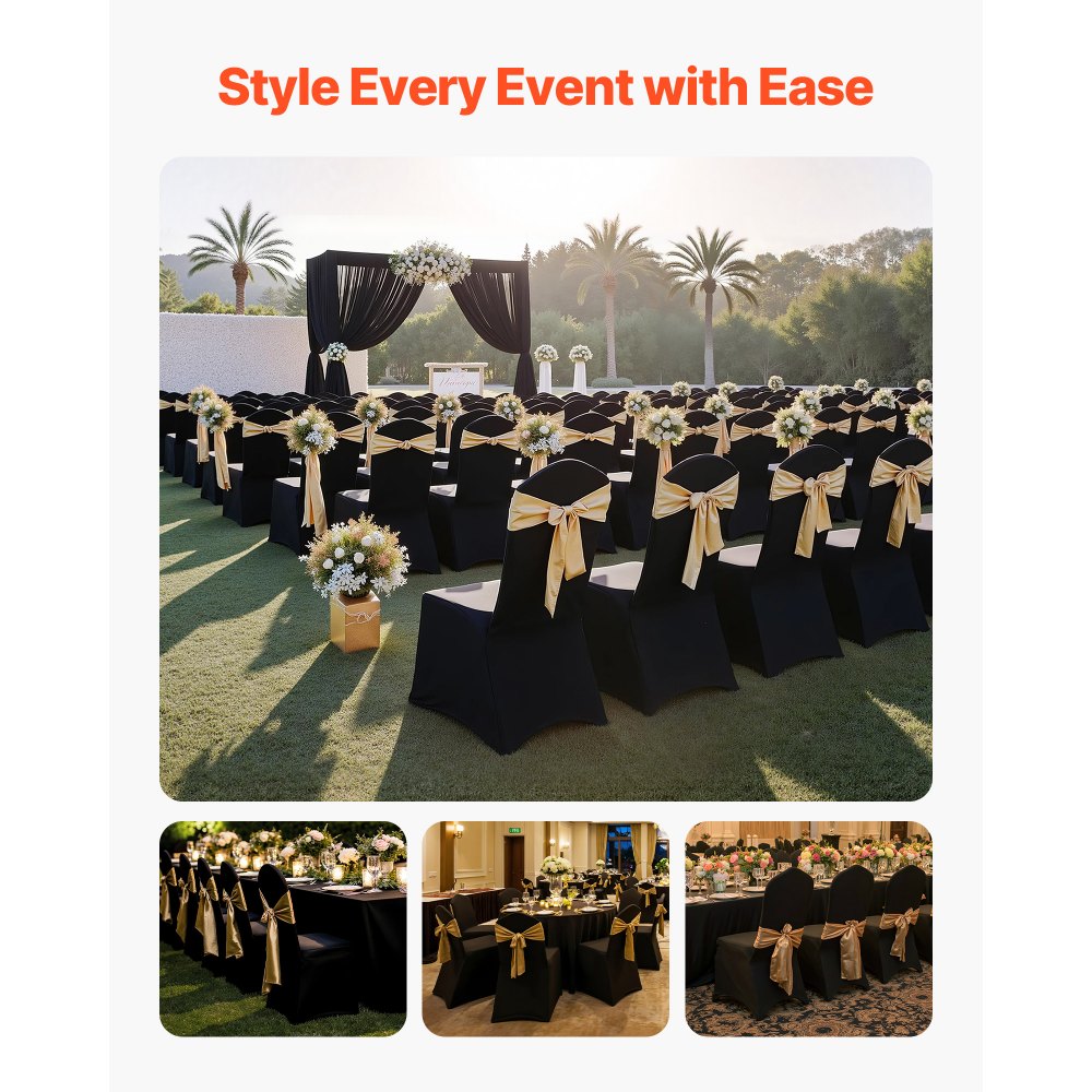 VEVOR 150 Pcs Black Chair Covers, Polyester Spandex Chair Cover, Stretch Slipcovers for Wedding Party Dining Banquet Flat-Front Chair Covers, Fits Chair Measures up to 20.08 x 17.72 x 37.4 inch