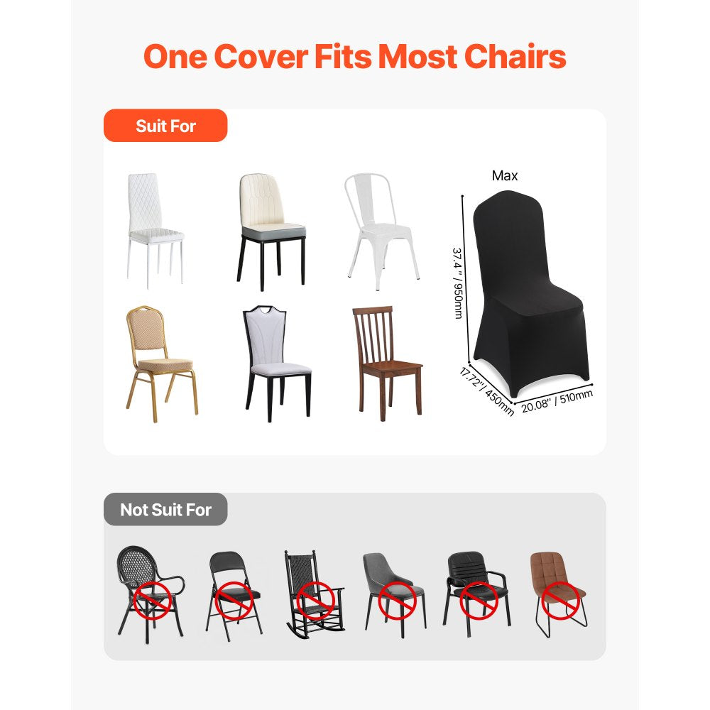 VEVOR 150 Pcs Black Chair Covers, Polyester Spandex Chair Cover, Stretch Slipcovers for Wedding Party Dining Banquet Flat-Front Chair Covers, Fits Chair Measures up to 20.08 x 17.72 x 37.4 inch