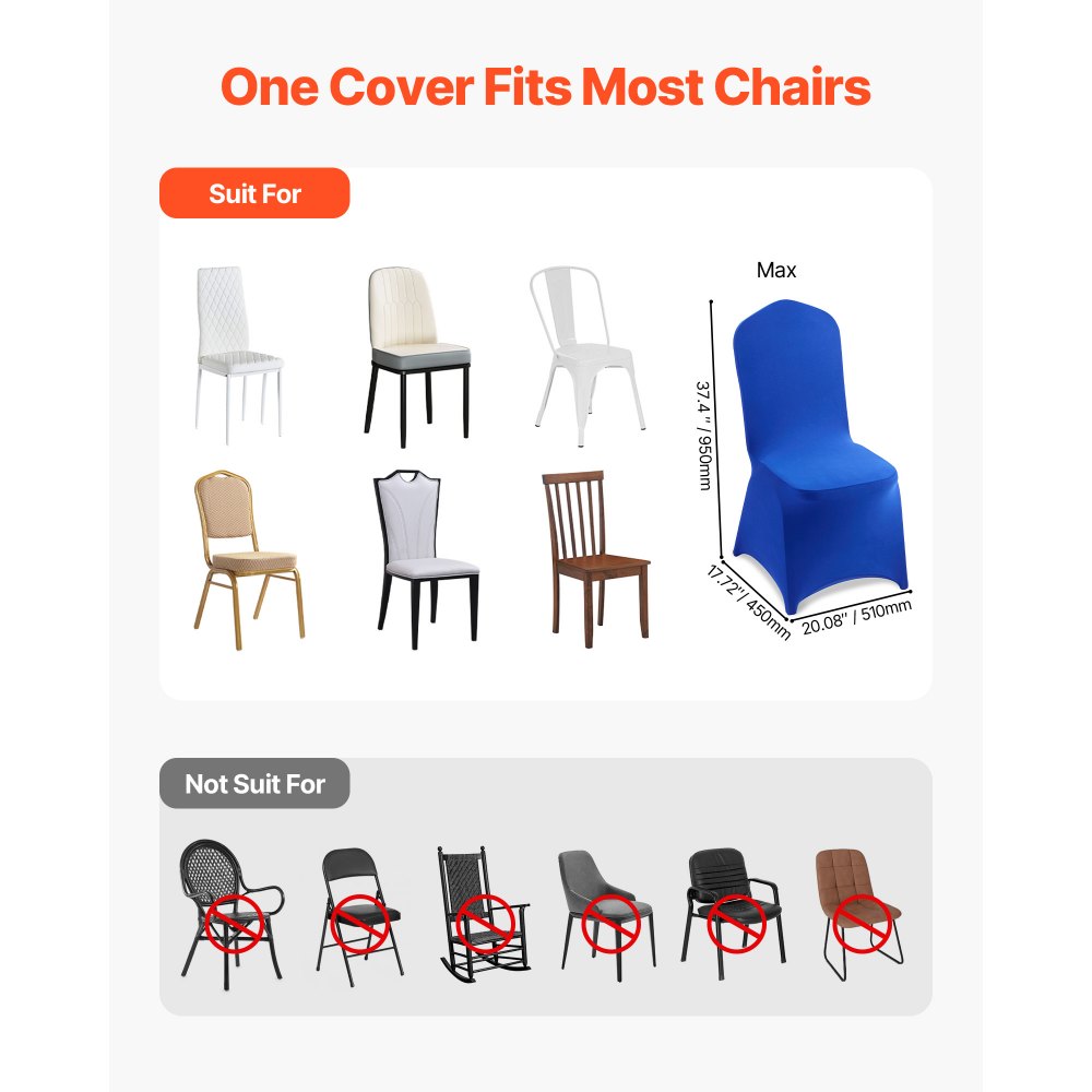 VEVOR 50 Pcs Royal Blue Chair Covers, Polyester Spandex Chair Cover, Stretch Slipcovers for Wedding Party Dining Banquet Flat-Front Chair Covers, Fits Chair Measures up to 20.08 x 17.72 x 37.4 inch