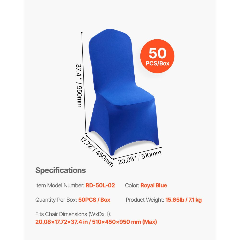 VEVOR 50 Pcs Royal Blue Chair Covers, Polyester Spandex Chair Cover, Stretch Slipcovers for Wedding Party Dining Banquet Flat-Front Chair Covers, Fits Chair Measures up to 20.08 x 17.72 x 37.4 inch