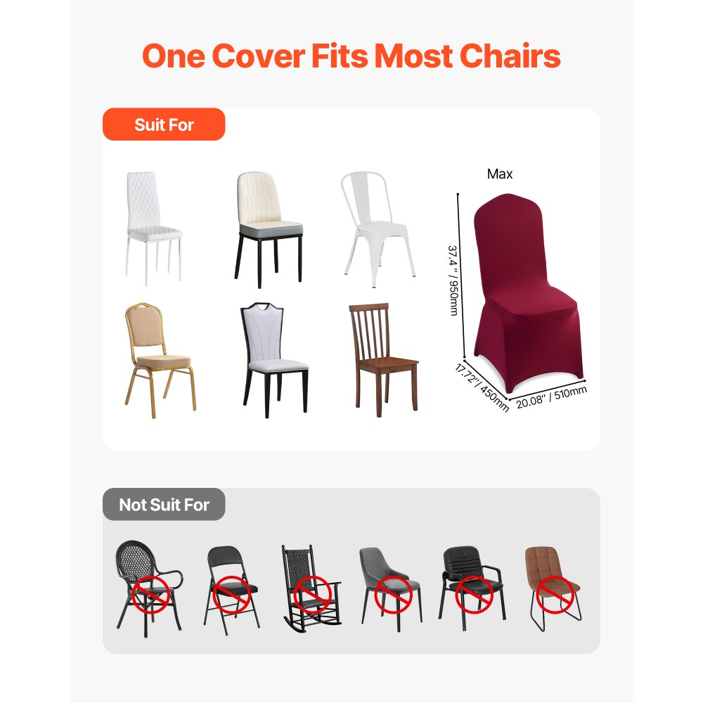 VEVOR 50 Pcs Burgundy Chair Covers, Polyester Spandex Chair Cover, Stretch Slipcovers for Wedding Party Dining Banquet Flat-Front Chair Covers, Fits Chair Measures up to 20.08 x 17.72 x 37.4 inch