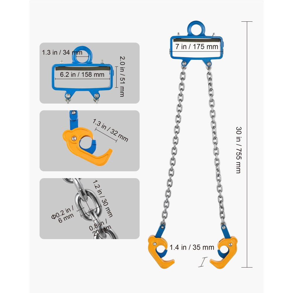 VEVOR Chain Drum Lifter, G80 Drum Lifting Chain Sling with Security Hook, 2200LBS Capacity, Drums Handling Equipment Fits for Crane Forklift, Carbon Steel Barrel Lifter for Plastic & Metal Drums