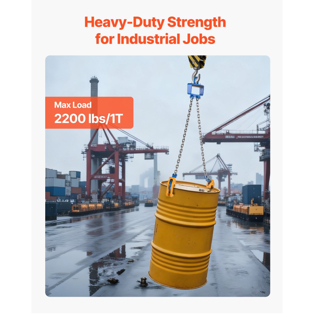 VEVOR Chain Drum Lifter, G80 Drum Lifting Chain Sling with Security Hook, 2200LBS Capacity, Drums Handling Equipment Fits for Crane Forklift, Carbon Steel Barrel Lifter for Plastic & Metal Drums