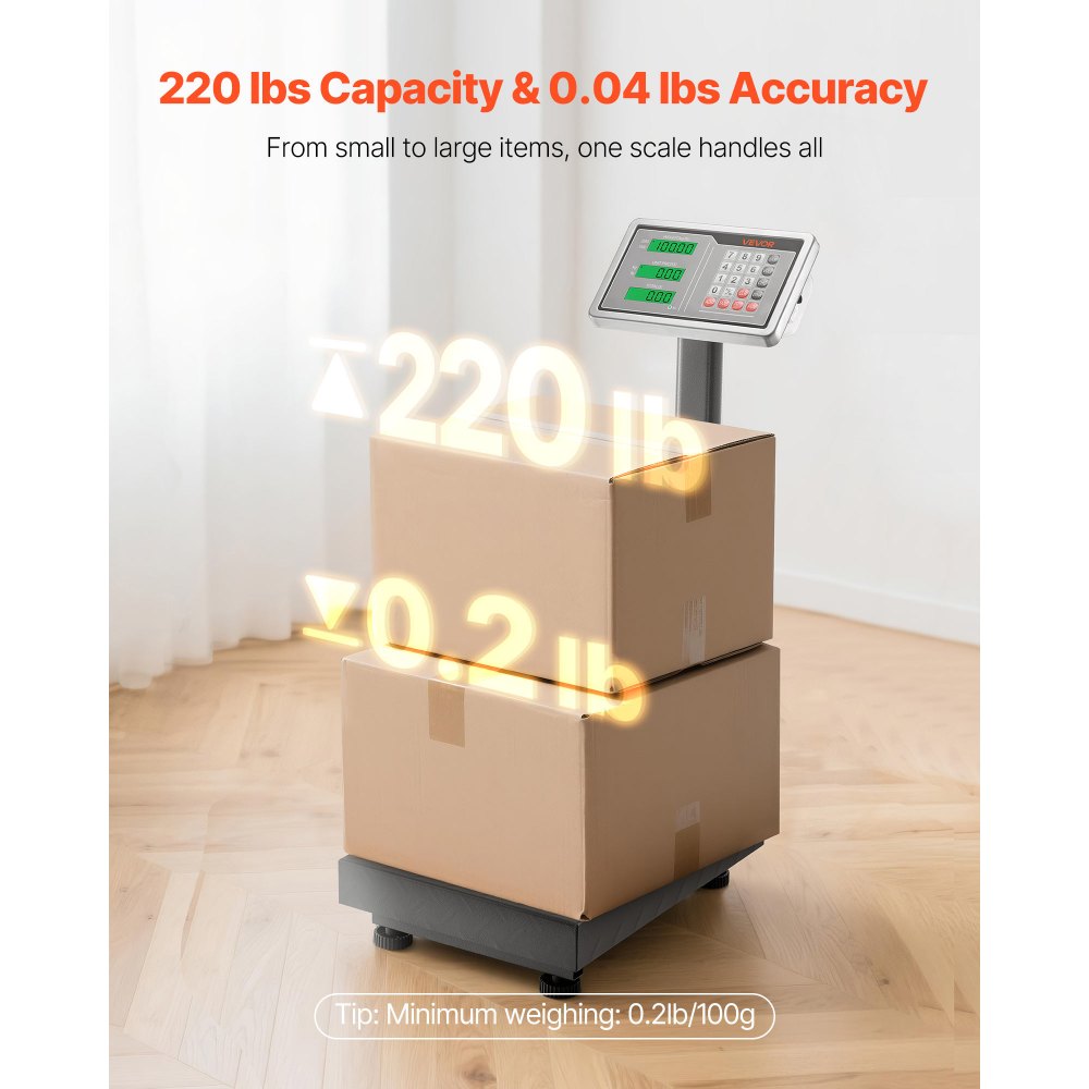 VEVOR Computing Digital Platform Scale, 220 lbs Load, 0.04 lbs Accuracy, Electronic Floor Scale with LB/KG, Tare, Price Calculator, AC/DC Power Supply, Fit for Luggage, Shipping, Packages, Postage
