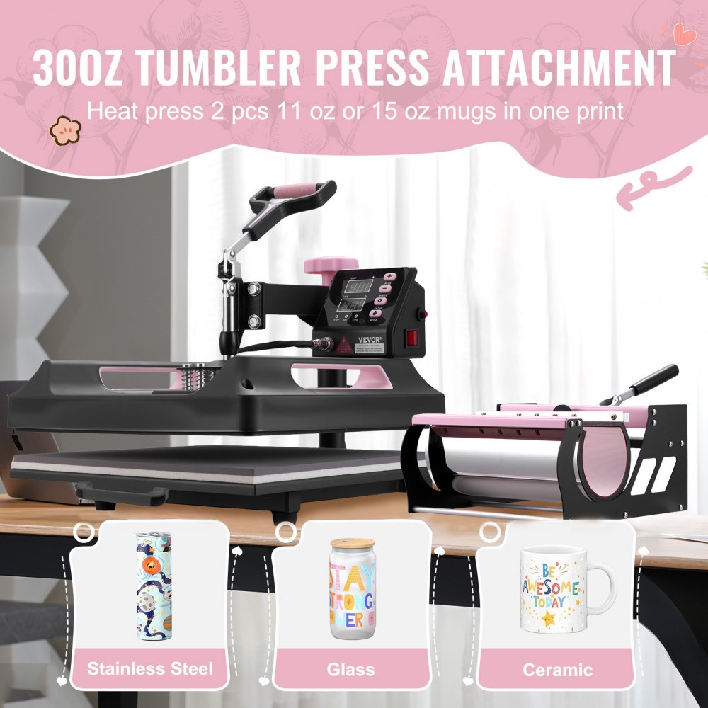 VEVOR Heat Press Machine 15 x 15 Inch 8 in 1 Heat Transfer Machine Black, for T-Shirts/Mugs/Hats/Plates, with 30 oz Tumbler Press, 360° Swing Away T-Shirt Pressing, Digital Control, PTFE Coating