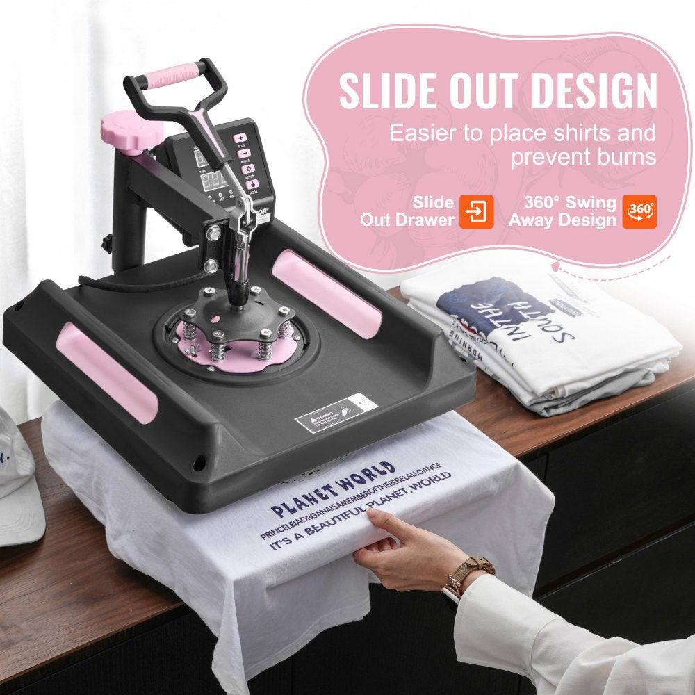 VEVOR Heat Press Machine 15 x 15 Inch 8 in 1 Heat Transfer Machine Black, for T-Shirts/Mugs/Hats/Plates, with 30 oz Tumbler Press, 360° Swing Away T-Shirt Pressing, Digital Control, PTFE Coating