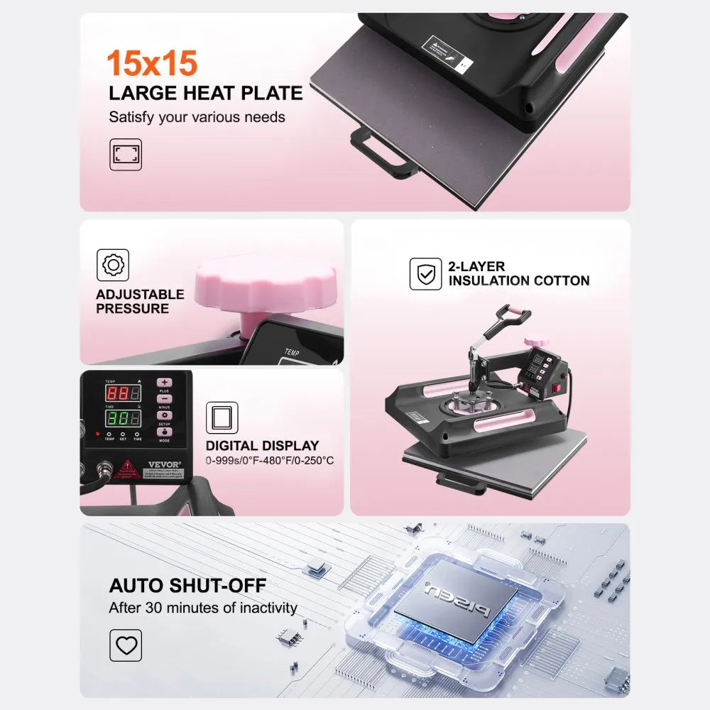 VEVOR Heat Press Machine 15 x 15 Inch 8 in 1 Heat Transfer Machine Black, for T-Shirts/Mugs/Hats/Plates, with 30 oz Tumbler Press, 360° Swing Away T-Shirt Pressing, Digital Control, PTFE Coating