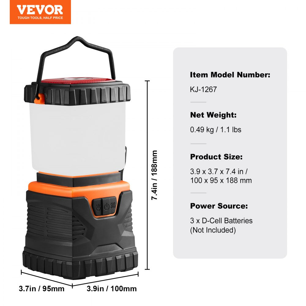VEVOR LED Camping Lantern, All-in-one, 1000LM, 360° Illumination, 4 Lighting Modes, Battery Powered Light, Outdoor Robust Flashlight, Built to Last Light, Ideal for Hiking Fishing Outages Repairs