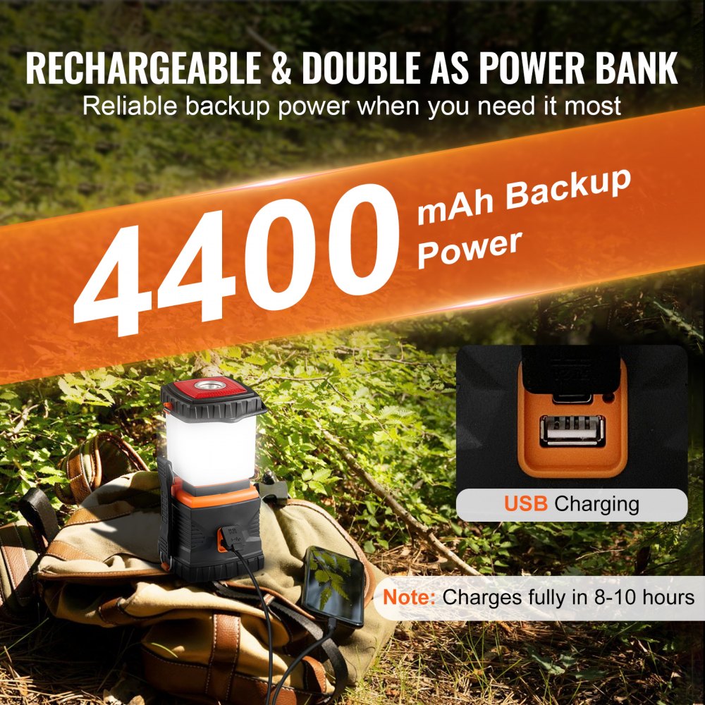 VEVOR LED Camping Lantern, All-in-one, 1000LM, 360° Illumination, 4 Lighting Modes, Rechargeable Outdoor Flashlight, USB Charging, Durable Robust Light, Ideal for Hiking Fishing Outages Car Repairs