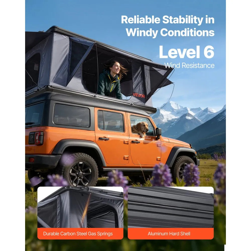 VEVOR Rooftop Tent Hard Shell, 2-3 Person Aluminum Roof Top Tent Hardshell with Tri-Color LED Light, Thick Mattress & 2 Windows, Waterproof Windproof Overland Camping Car Roof Rack for Jeep SUV Pickup