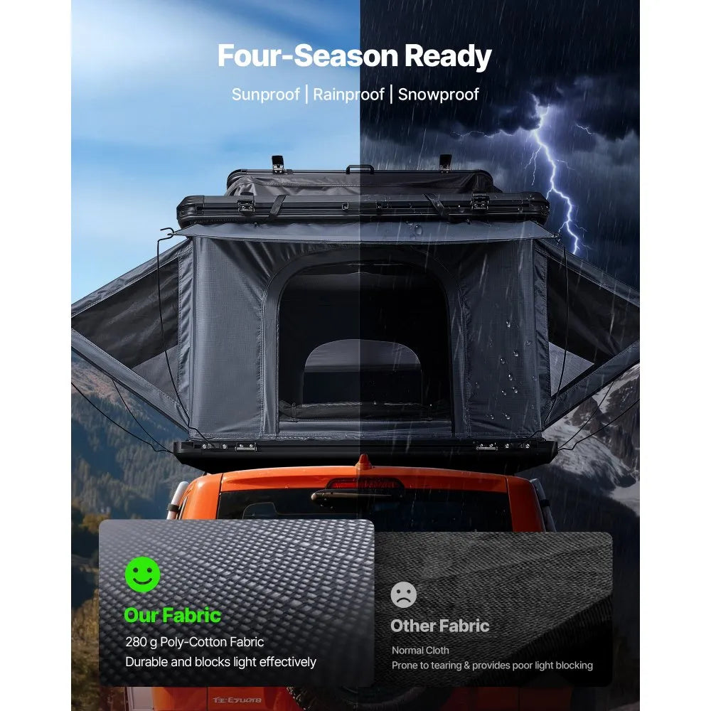 VEVOR Rooftop Tent Hard Shell, 2-3 Person Aluminum Roof Top Tent Hardshell with Tri-Color LED Light, Thick Mattress & 2 Windows, Waterproof Windproof Overland Camping Car Roof Rack for Jeep SUV Pickup