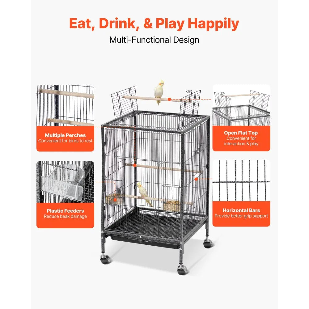 VEVOR Bird Cage, 18 x 18 x 30 inch, Open Flat Top, Wrought Iron Bird Flight Cage with Perches, Slide-Out Tray and Plastic Feeders, Casters, for Parrot, Blue Tit, Cockatiel, Canary, Budgerigar, Conure