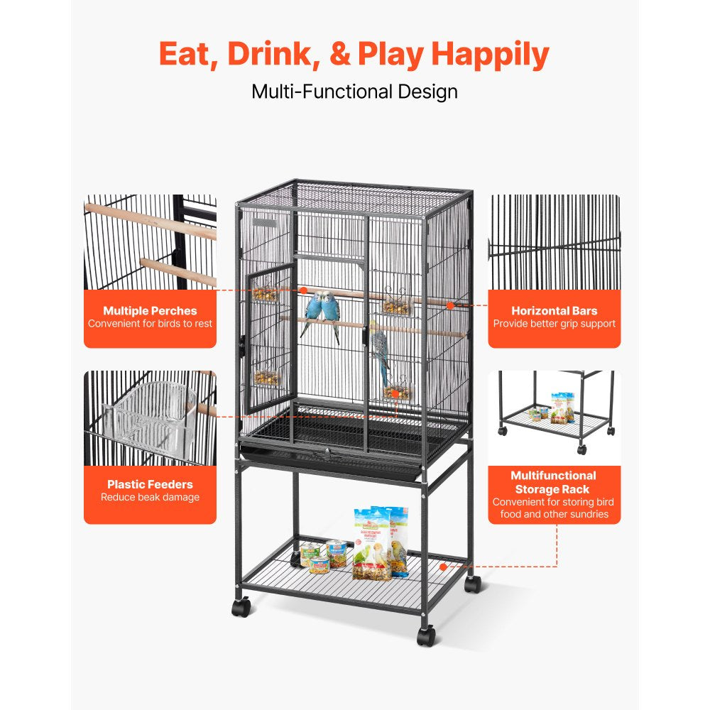 VEVOR Bird Cage, 24.6 x 16.7 x 53.9 inch, Flat Top, Wrought Iron Bird Flight Cage with Perches, Slide-Out Tray and Plastic Feeders, Casters, for Parrot, Blue Tit, Cockatiel, Canary, Budgerigar, Conure