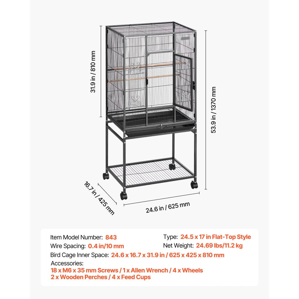 VEVOR Bird Cage, 24.6 x 16.7 x 53.9 inch, Flat Top, Wrought Iron Bird Flight Cage with Perches, Slide-Out Tray and Plastic Feeders, Casters, for Parrot, Blue Tit, Cockatiel, Canary, Budgerigar, Conure