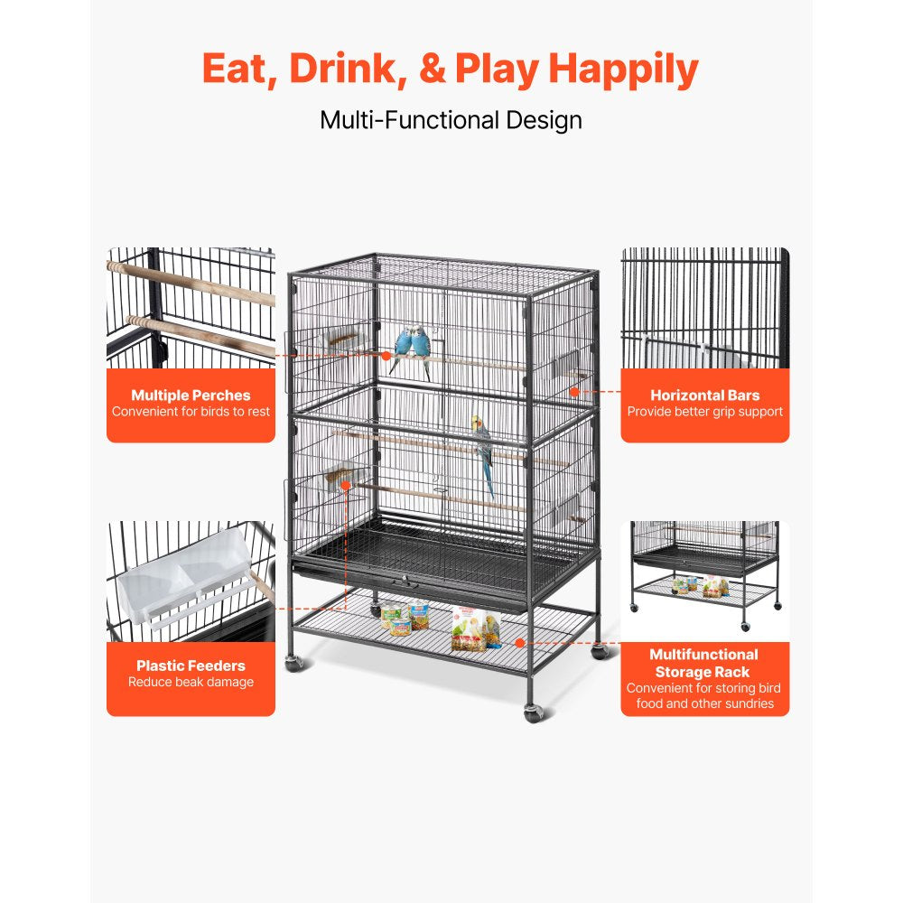 VEVOR Bird Cage, 31.5 x 20.5 x 52 inch, Flat Top, Wrought Iron Bird Flight Cage with Perches, Slide-Out Tray and Plastic Feeders, Casters, for Parrot, Blue Tit, Cockatiel, Canary, and Monk Parakeet
