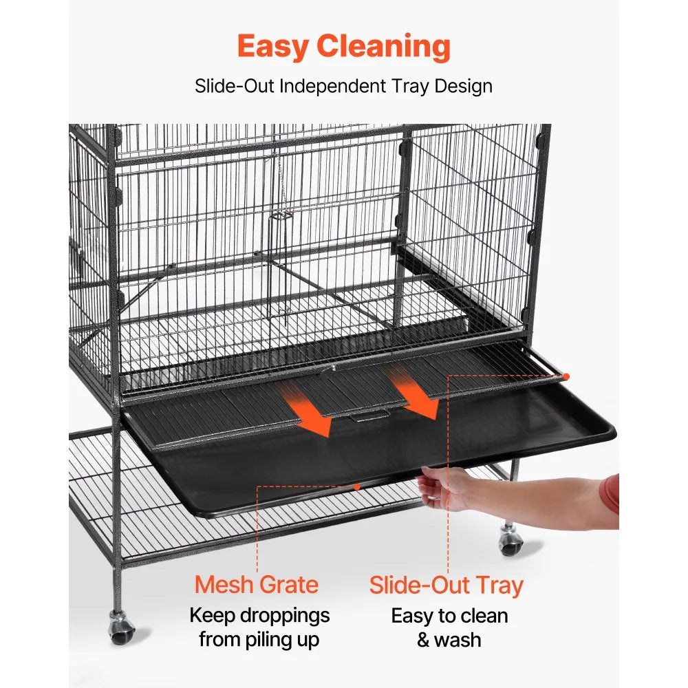 VEVOR Bird Cage, 31.5 x 20.5 x 52 inch, Flat Top, Wrought Iron Bird Flight Cage with Perches, Slide-Out Tray and Plastic Feeders, Casters, for Parrot, Blue Tit, Cockatiel, Canary, and Monk Parakeet
