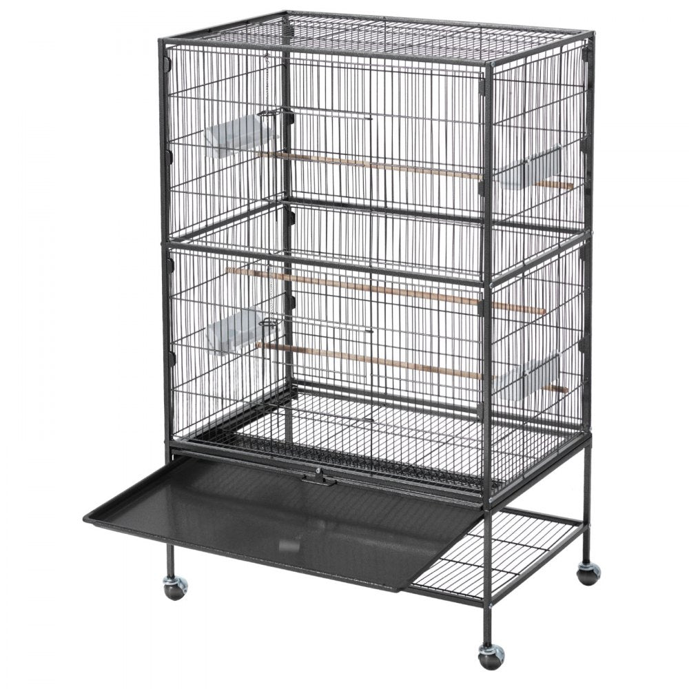 VEVOR Bird Cage, 31.5 x 20.5 x 52 inch, Flat Top, Wrought Iron Bird Flight Cage with Perches, Slide-Out Tray and Plastic Feeders, Casters, for Parrot, Blue Tit, Cockatiel, Canary, and Monk Parakeet