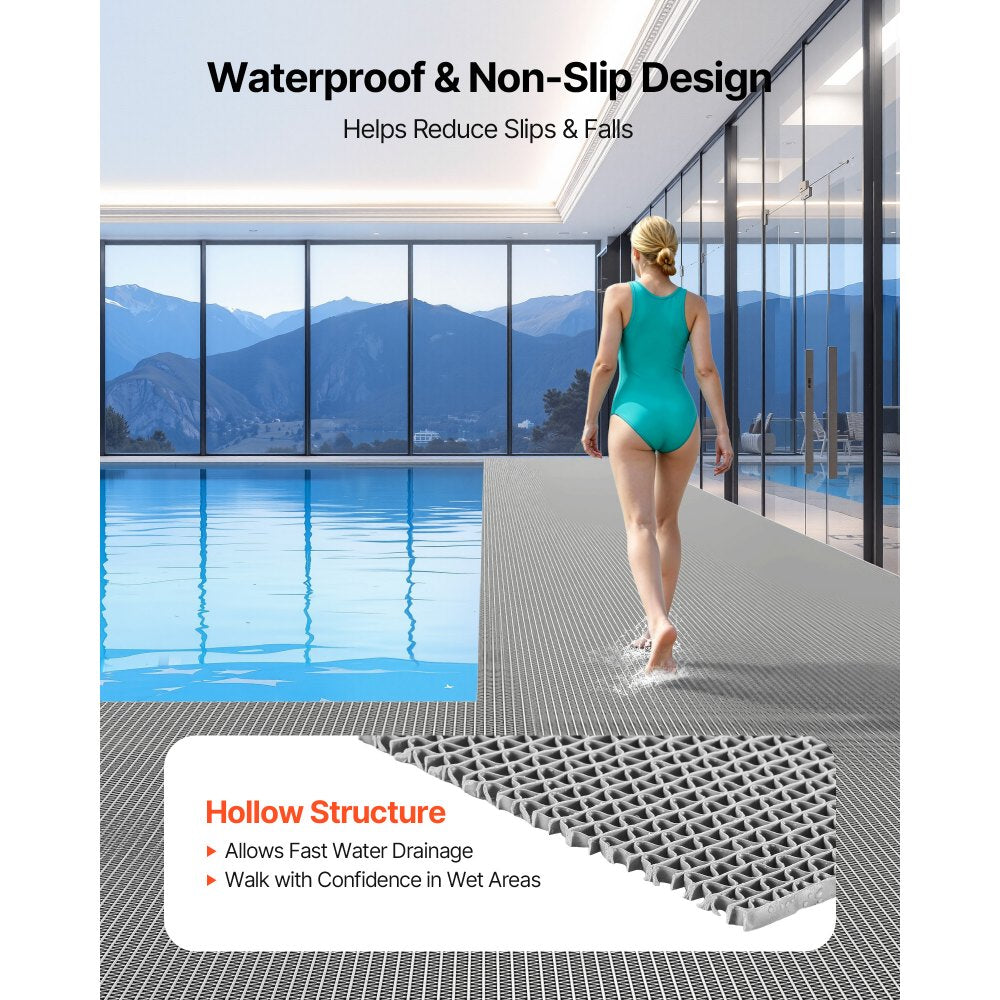 VEVOR Drainage Mat, 3 x 10 ft, PVC Non Slip Commercial Floor Mat, Wet Area Water Drain Splash Matting Hollow Doormat Roll, for Outdoor Indoor Restaurant Swimming Pool Patio Bathroom Washroom, Gray
