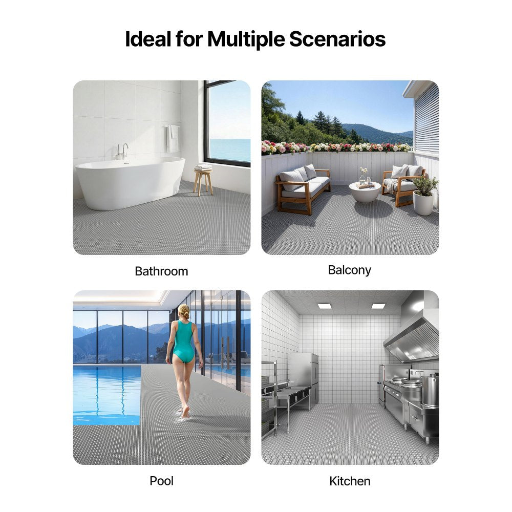 VEVOR Drainage Mat, 3 x 10 ft, PVC Non Slip Commercial Floor Mat, Wet Area Water Drain Splash Matting Hollow Doormat Roll, for Outdoor Indoor Restaurant Swimming Pool Patio Bathroom Washroom, Gray