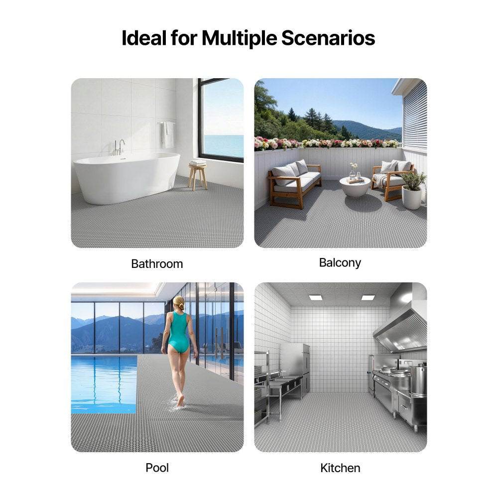 VEVOR Drainage Mat, 3 x 16.4 ft, PVC Non Slip Commercial Floor Mat, Wet Area Water Drain Splash Matting Hollow Doormat Roll, for Outdoor Indoor Restaurant Swimming Pool Patio Bathroom Washroom, Gray