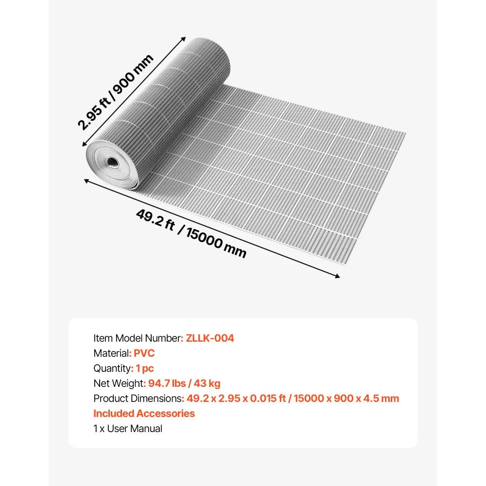 VEVOR Drainage Mat, 3 x 50 ft, PVC Non Slip Commercial Floor Mat, Wet Area Water Drain Splash Matting Hollow Doormat Roll, for Outdoor Indoor Restaurant Swimming Pool Patio Bathroom Washroom, Gray
