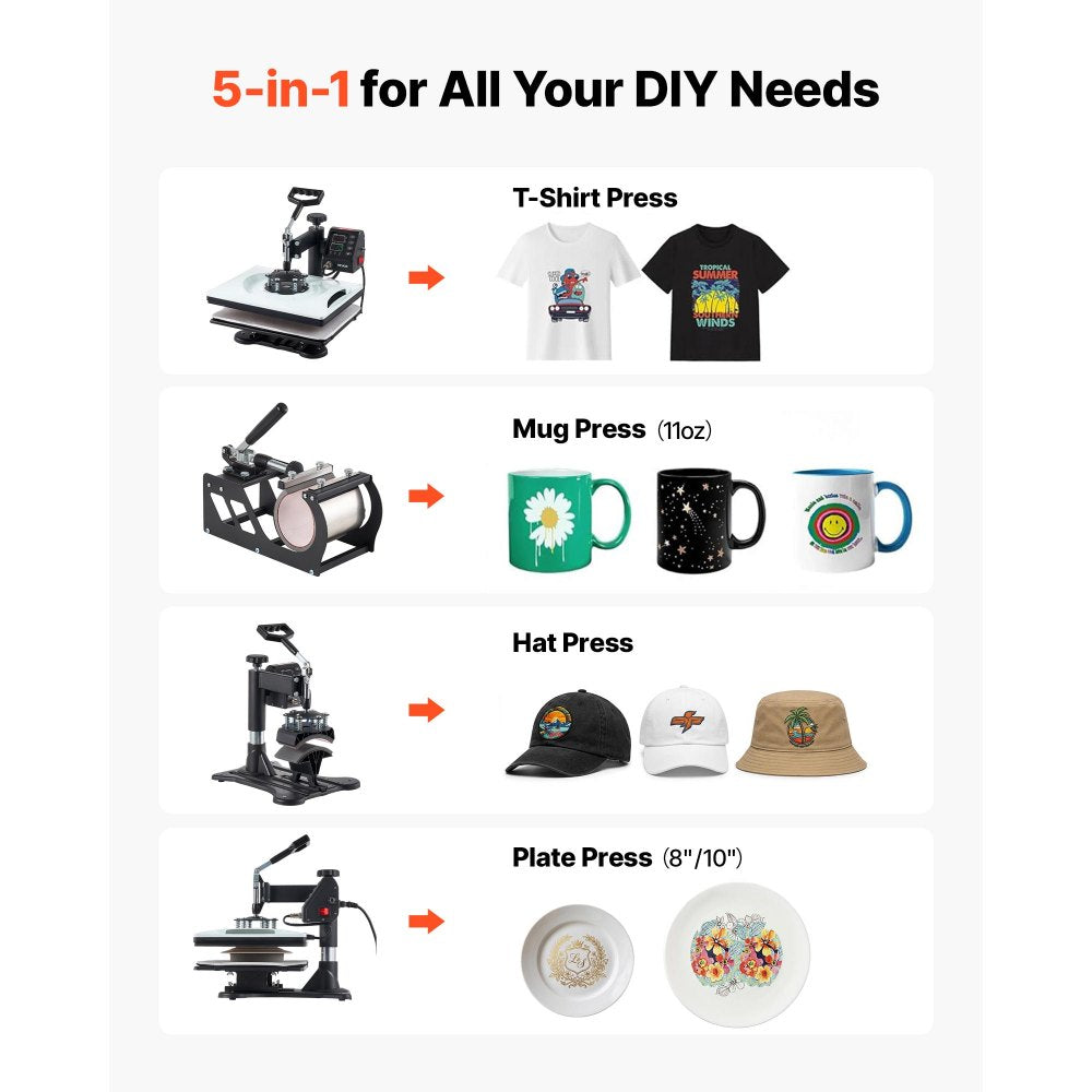VEVOR Heat Press Machine 12 x 15 in 5-in-1 Combo Sublimation Press Machine, Heat Up Fast and Even, Digital Precise Time and Temp Control, Multi-Function, for T-Shirts, Mugs, Tumblers, Caps, Plates