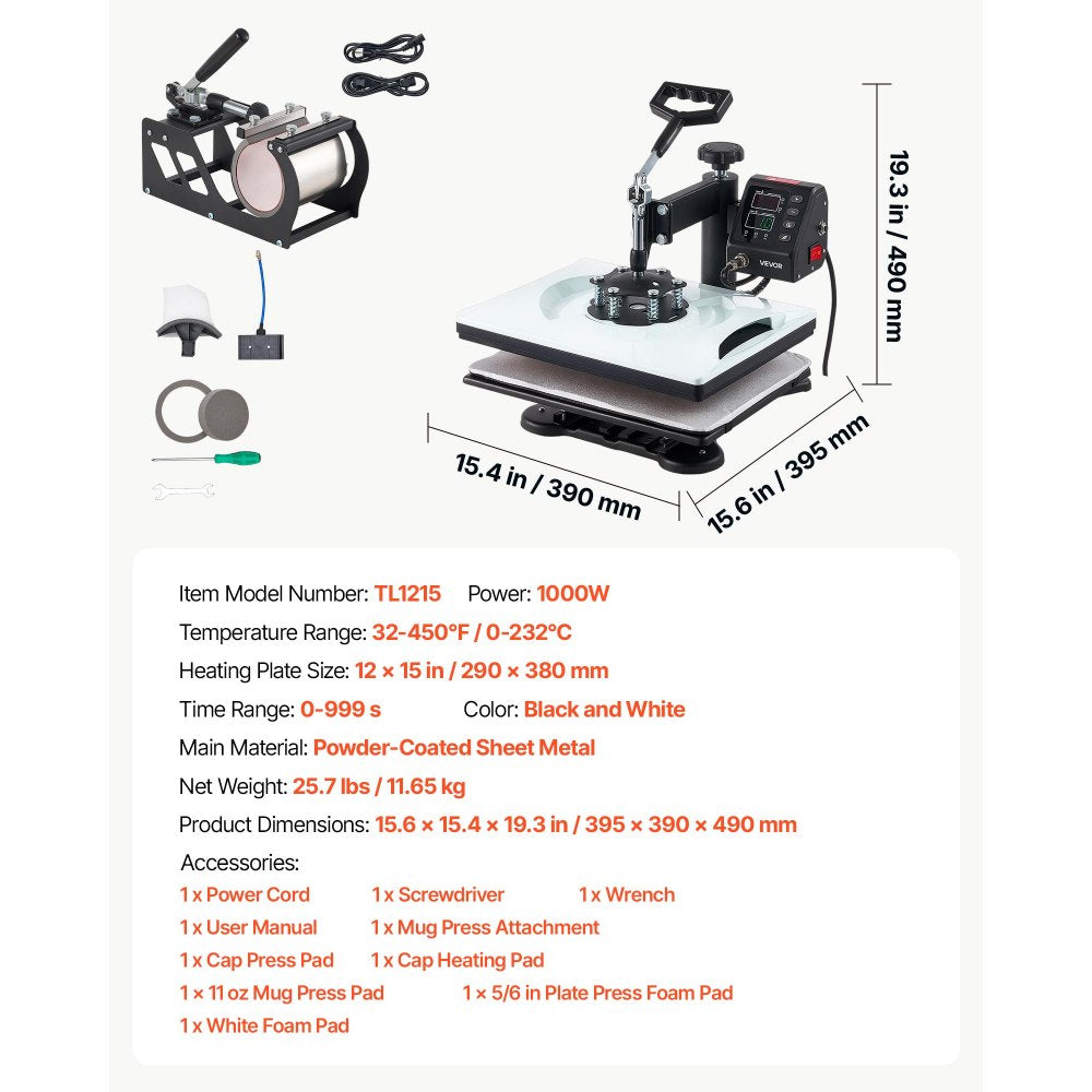 VEVOR Heat Press Machine 12 x 15 in 5-in-1 Combo Sublimation Press Machine, Heat Up Fast and Even, Digital Precise Time and Temp Control, Multi-Function, for T-Shirts, Mugs, Tumblers, Caps, Plates