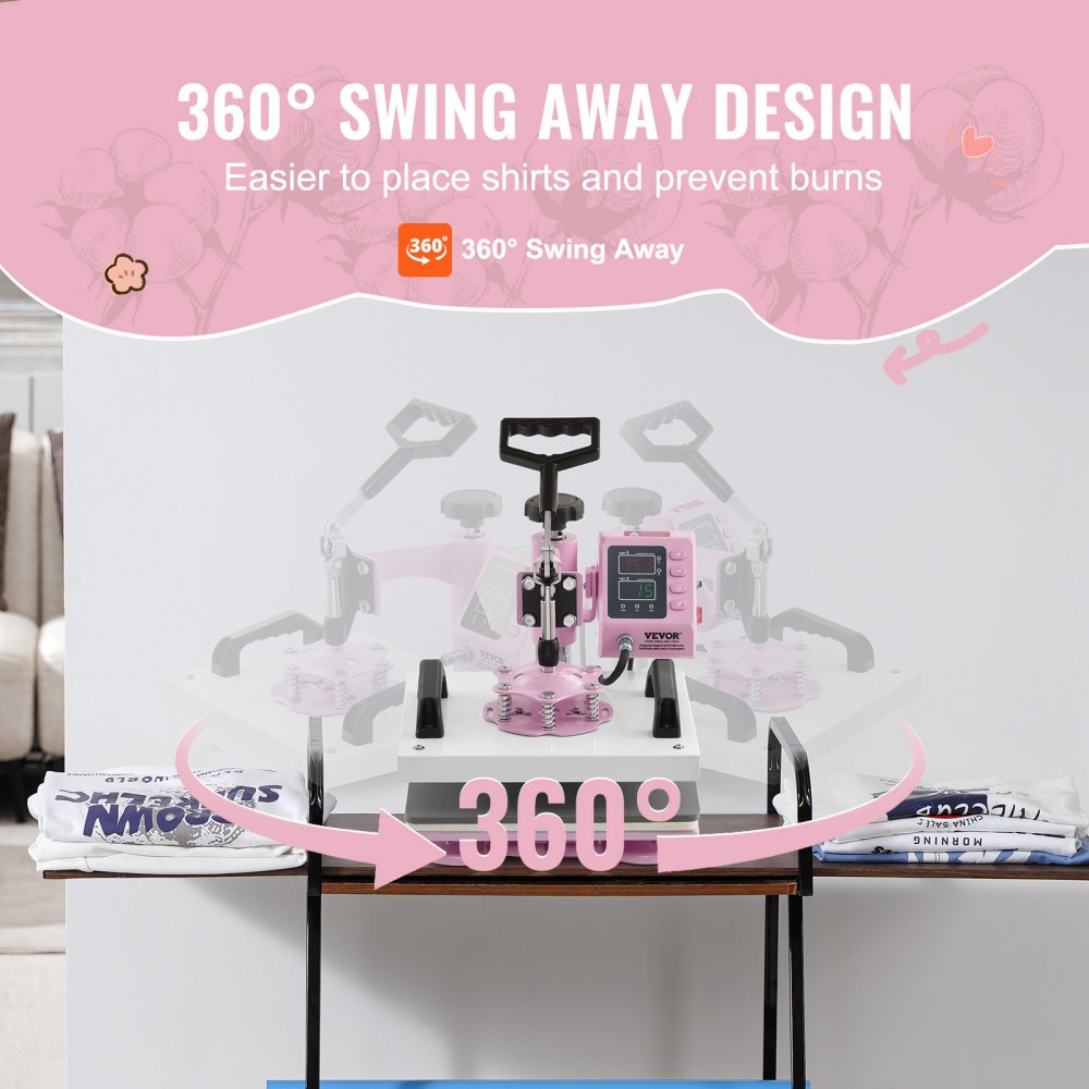 VEVOR Heat Press, 12 x 10inch Heat Press Machine, 360° Swing Away T-Shirt Pressing Machine, Fast and Even Heating, Digital Precise Control, Heat Transfer Machine for T-Shirts/Pillows/Bags, Pink