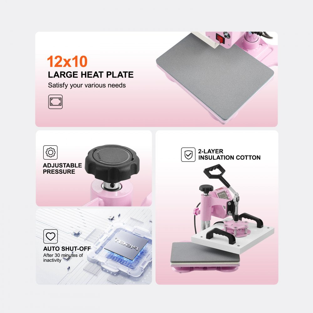 VEVOR Heat Press, 12 x 10inch Heat Press Machine, 360° Swing Away T-Shirt Pressing Machine, Fast and Even Heating, Digital Precise Control, Heat Transfer Machine for T-Shirts/Pillows/Bags, Pink